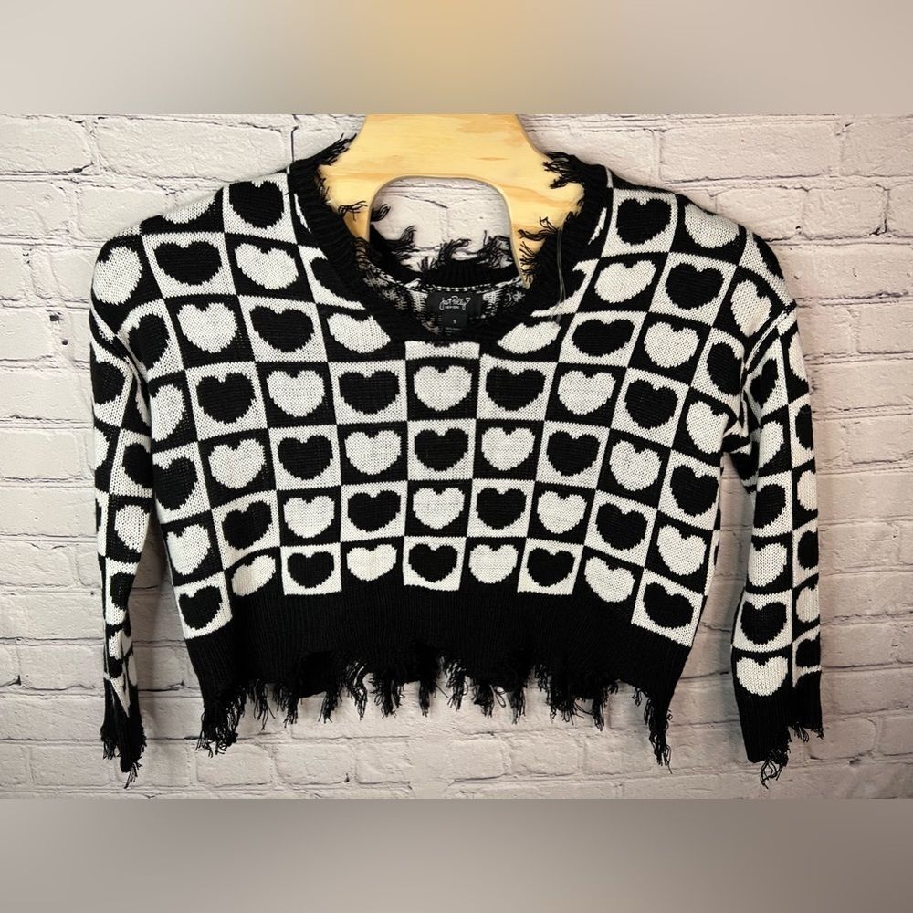 Just Polly Black White Heart Checkered‎ Knit Sweater Frayed Hems Oversized Small